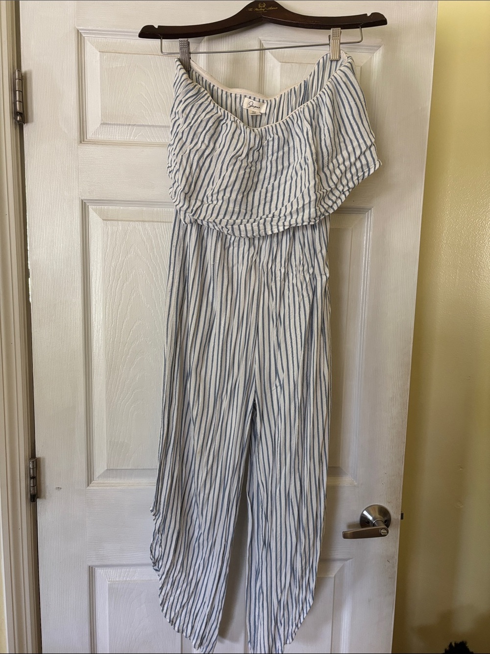 Japna Blue & White Striped Off-Shoulder Jumpsuit